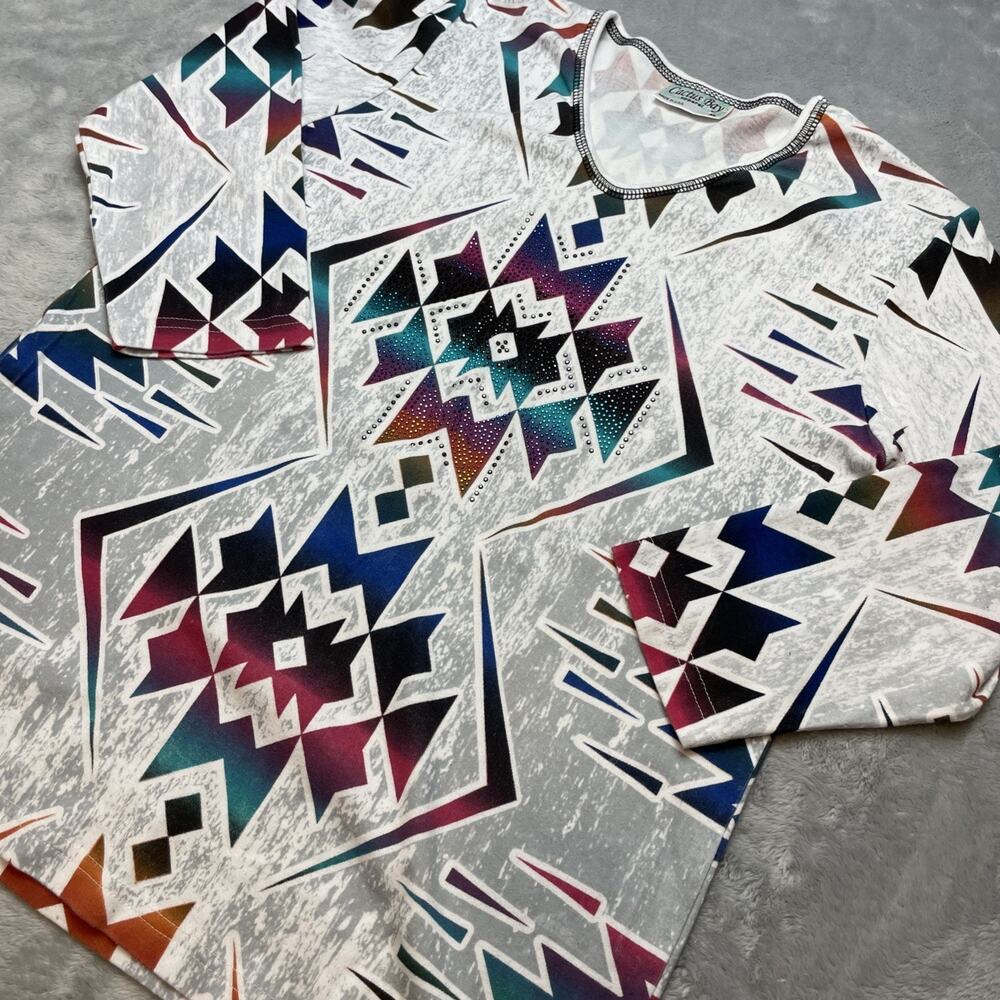 Cactus Bay Southwestern Tee‎ T-Shirt Womens XL Aztec Embellished 3/4 Sleeve USA